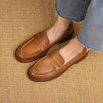 Yeni 2022 Hakiki Deri Kadın Ayakkabı Retro Yuvarlak Ayak Oyma Brogues Kalın Topuk Slip-On loafer ayakkabılar Kadınlar için Zapatos De Mujer 5