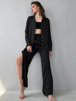 Lınad Gevşek kadın Kıyafeti 2 Parça Setleri Uzun Kollu Pijama Kadın Pantolon Takım Elbise 2022 Sonbahar Rahat Pijama Zarif Katı