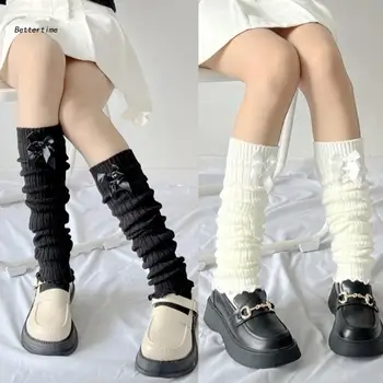 B36D Kaburga Örgü bacak ısıtıcısı Japon Kadınlar Katı Sevimli Çift İlmek Ruffled Uzun Çorap 0
