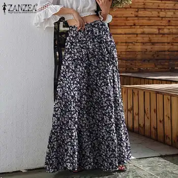 ZANZEA Yaz Geniş Bacak Pantolon Kadın Bohemian Çiçek Baskılı Pantolon Rahat Elastik Bel Uzun Flare Pantalon Gevşek Palazzo