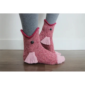 Noel Kadın Çorap Terlik Sıcak Tutmak Kış Komik Köpekbalığı Balık Hayvan Desen Çift Örgü Kat Çorap Ayakkabı Erkekler Kadınlar için 2