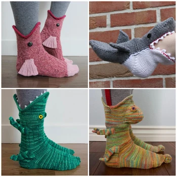 Noel Kadın Çorap Terlik Sıcak Tutmak Kış Komik Köpekbalığı Balık Hayvan Desen Çift Örgü Kat Çorap Ayakkabı Erkekler Kadınlar için 4