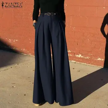 Zarif Kadınlar Casual Katı Kat Uzunluk Pantolon ZANZEA Moda Palazzo Cepler Katı Uzun Pantolon Kadın Geniş Bacak Pantalon Sokak