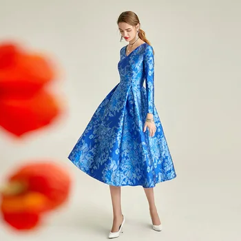 2021 Bahar Yeni Jakarlı Elbise Nakış Elbise Kadınlar için Mavi V Yaka Parti Akşam Gece Topu cüppeli elbiseler Ss6408