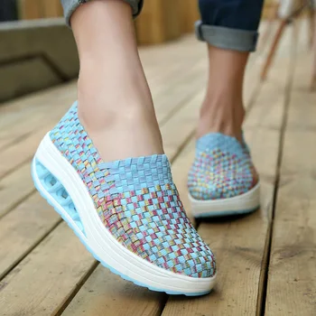 Yaz ayakkabı kadın ayakkabı takozlar artan kalın platform ayakkabılar kadın dokuma nefes gündelik ayakkabı tenis 0