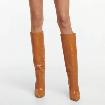 2022 Kış Kadın Üzerinde Kayma Sarı Diz Yüksek Çizmeler Gül Kırmızı Yeni Moda Seksi Beyaz Sivri Burun Stilettos Topuklu Yeni Büyük Size41 42 43