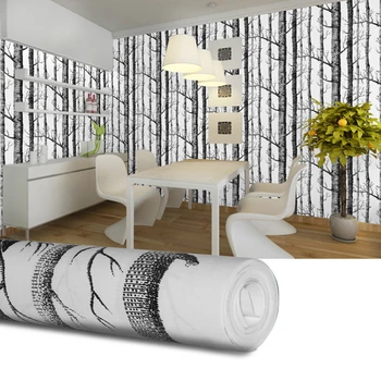 Siyah ve beyaz şube dokunmamış duvar kağıdı Nordic şube ağaç gövdesi huş ağacı TV kanepe arka plan duvar kağıdı Rulo duvar kağıdı W51