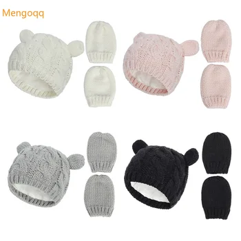 Yeni Bebek Bebek Çocuk Kız Erkek Kış sıcak Örgü Şapka Kulak Katı Sıcak Sevimli Eldiven 2 adet Güzel Bere Çocuklar Yenidoğan Kap 0-18M