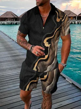 Yeni Yaz erkek Takım Elbise Hawaii Plaj Kısa Kollu POLO GÖMLEK + Şort Yumuşak Nefes Yüksek Kaliteli rahat giyim erkek setleri 0