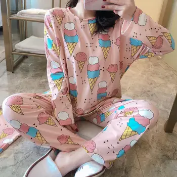 Kadın Pijama Seti Karikatür Pijama Uzun Kollu + Pantolon 2 Adet Pijama Takım Elbise 2022 İlkbahar Sonbahar Gecelik Moda Kıyafeti