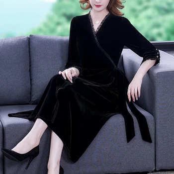Sonbahar Kış Siyah Kadife Kalın Sıcak Midi Elbise Kadınlar Kore Vintage Günlük Elbiseler 2022 Yeni Zarif Bodycon Ofis Bayan Elbise