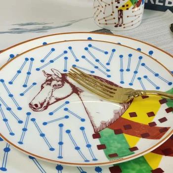 Üst Sınıf Seramik yemek tabakları Geometrik Desen Seramik Çanak servis örtüsü Sarı ızgara Yemek plaka seti servis tabağı
