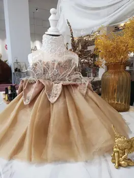 Şampanya Bebek Vaftiz Elbise Dantel Prenses Elbise Yaz Bebek 1 Yıl Doğum Günü Elbise Noel Partisi Elbise Yenidoğan Kız Giysileri