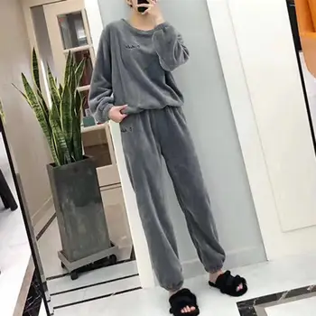 2021 Kadın Kış Pazen Pijama Seti Polar Pijama Rahat Gecelik Sıcak Mercan Kadife Yuvarlak Boyun Kazak Takım Elbise Ev Giyim 4