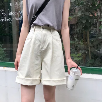 S-XL 3 Renk Diz Boyu Kot Şort Kadın geniş bacak Yüksek Elastik Bel Pembe Kot Şort Kadın Yaz 2022 Streetwear (72667