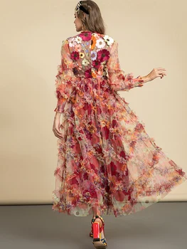 LD LINDA DELLA Moda Pist yaz elbisesi kadın Fener kollu Çiçek Nakış Baskı Tatil Vintage Parti uzun elbise