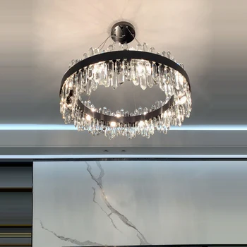 LED Art Deco Yuvarlak Oval Siyah Krom Altın Kristal Asılı Lambalar Avize Aydınlatma Parlaklık Süspansiyon Armatür Lampen Fuaye