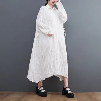 NYFS 2023 Sonbahar Yeni Kadın Vintage Elbise Vestidos Elbise Femme Elbise Gevşek Artı Boyutu Düzensiz Katlanmış kağıt şerit Elbise Gömlek