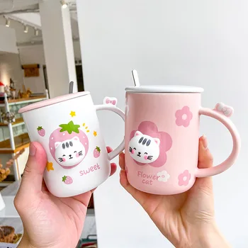 400ml Kore Tarzı Karikatür Sevimli Kedi Seramik kapaklı kupa Ve Kaşık Kawaii Tatlı Kedi Kahve Fincanı Kahvaltı Süt su bardakları