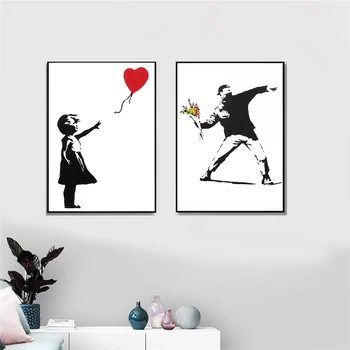 Kız Kırmızı Balon ile Banksy Graffiti sanat tuval Boyama Siyah ve Beyaz Duvar sanat posterleri Oturma Odası Ev Dekor için Cuadros