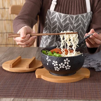 Tazón japonés de fideos instantáneos, vajilla de comedor, tazón de cerámica para ensalada, cuchara de madera, palillo de madera