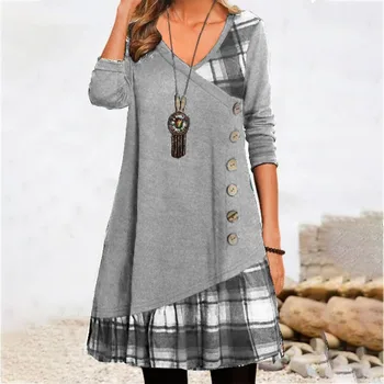 Rahat Ekose Eklenmiş Elbiseler Kadınlar için Moda Sonbahar Kış Kadın Vintage Düğme Uzun Kollu Gevşek V Yaka Patchwork Elbise