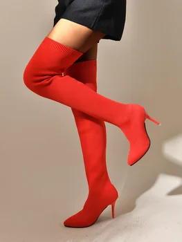 2022 Kadın 10cm Yüksek Topuklu Diz Üzerinde Uyluk Yüksek Çizmeler Fetiş Striptizci Uzun Çizmeler Savaş Kış Şövalye Seksi Moda kırmızı ayakkabılar 0