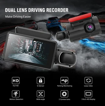 3 İnç Dash kamera DVR Çift Lens Dashcam Araba Ön Ve Arka Ve İç 3 Kamera Araba Kaydedici Gece Görüş Kara Kutu
