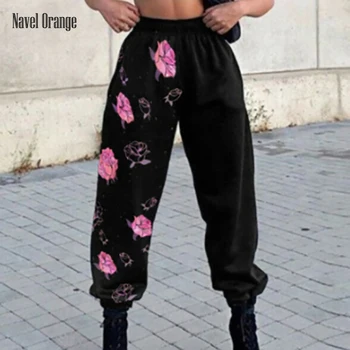 Kadın Gevşek Elastik Bel kalem pantolon Rahat Bahar Sonbahar Spor Baskılı Cepler Bayanlar Pantolon Basit Loungewear Streetwear