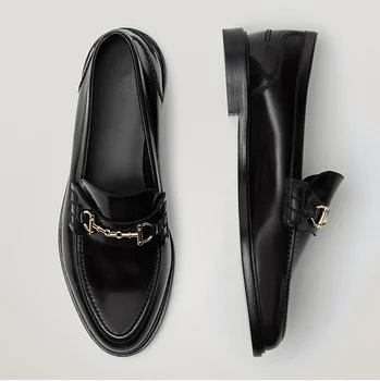 Elmsk Slip-On Loafer'lar Kadın İngiltere Stil Vintage Moda Zarif Toka Hakiki deri düz ayakkabı Kadın düz ayakkabı Kadın 0