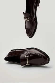 Elmsk Slip-On Loafer'lar Kadın İngiltere Stil Vintage Moda Zarif Toka Hakiki deri düz ayakkabı Kadın düz ayakkabı Kadın 2