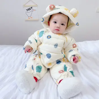 Sonbahar Kış Bebek Erkek Kız Sıcak Moda Baskılı Romper Çocuk Giyim Yumuşak Polar Kapüşonlu Tulum Aşağı A10
