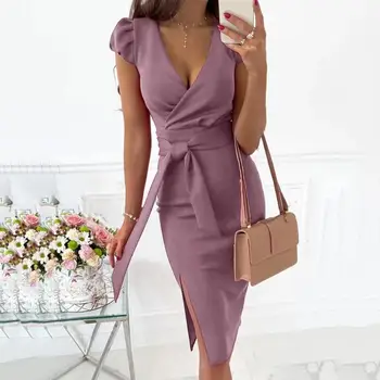 2021 yaz kadın zarif dantel-up kısa kollu elbise rahat düz renk ince ofis bayan elbise V Yaka seksi bölünmüş parti elbise