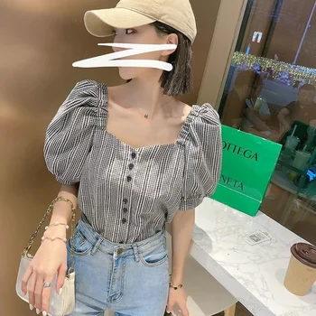 Bluzlar Kadınlar İnce Öğrenci Şık Yaz Bitkileri Harajuku Tüm Maç Kadın Kolej Streetwear Blusas Rahat Ekose Basit Düğme Kpop