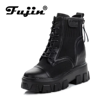 Fujin 9cm Yeni 2022 Hakiki Deri Orta Buzağı Çorap Platformu Gizli Topuk Sıcak Kürk Kadın Sonbahar Kış Peluş bağcıklı ayakkabı 5