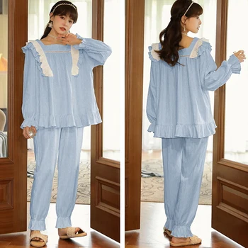 Saten Kadın Pijama Set Dantel 2 Parça Bahar Sonbahar Pijama Katı Loungewear Lingerie Uzun Kollu Pamuk Rahat Ev Tekstili 2