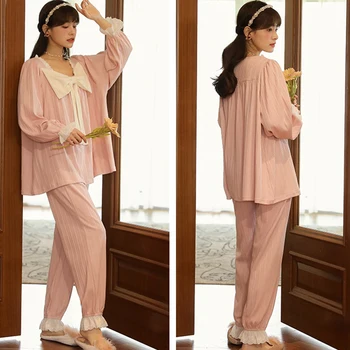 Saten Kadın Pijama Set Dantel 2 Parça Bahar Sonbahar Pijama Katı Loungewear Lingerie Uzun Kollu Pamuk Rahat Ev Tekstili 4