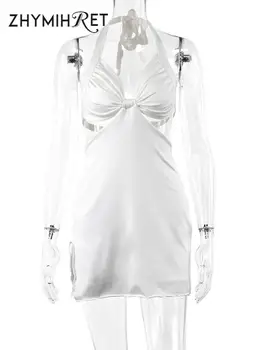 ZHYMIHRET Hollow Out Bölünmüş Halter Beyaz Elbise Criss-cross Backless Seksi Dantelli Elbise 2022 Yaz Parti Kıyafetleri Kadınlar İçin
