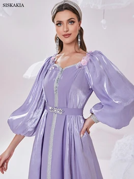 Çiçek Gipür Dantel Ekle Rhinestone Trim Kuşaklı Elbise Leylak Kelebek Puf Kollu Parti Glitter Elbise Abayas Kadınlar İçin 2022