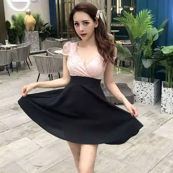 2019 yaz yeni V Yaka seksi kadınsı bel pilili mizaç pullu elbise Diz Boyu Fermuarlar Kılıf