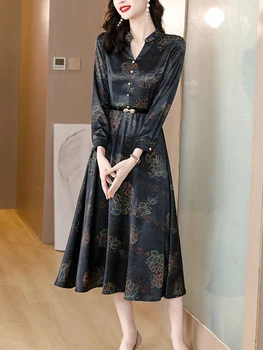 Siyah Saten Sonbahar Bahar Midi Elbise 2022 Kadınlar Çiçek Tunikler Şık Elbise Uzun Kollu Boho Vintage Zarif Elbiseler Balo Kore 0
