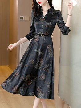 Siyah Saten Sonbahar Bahar Midi Elbise 2022 Kadınlar Çiçek Tunikler Şık Elbise Uzun Kollu Boho Vintage Zarif Elbiseler Balo Kore 2