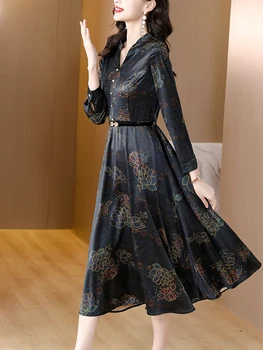 Siyah Saten Sonbahar Bahar Midi Elbise 2022 Kadınlar Çiçek Tunikler Şık Elbise Uzun Kollu Boho Vintage Zarif Elbiseler Balo Kore 3
