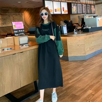 Bayanlar Uzun Aşağı Elbiseler Hoodie Kazak Tişörtü Boy Kore Tarzı Rahat kadın Gevşek uzun elbise Retro Sokak Dış Giyim