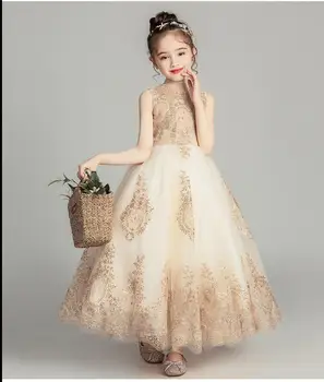 Altın Pullu Dantel Kız düğün elbisesi Uzun Çiçek Kız Elbise Prenses Parti İlk Communion Elbise Bebek Kız Vaftiz Pageant elbise