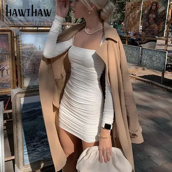 Hawthaw Kadın Sonbahar Kış Uzun Kollu Kare Yaka Bodycon Beyaz Pilili Paket Kalça Mini Elbise 2020 Sonbahar Giysileri Streetwear