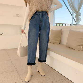 Kadınlar İçin kış Kot Kadife Kalın Sıcak Kot Pantolon Yüksek Bel Polar Anne Kot Vintage Geniş Bacak Ayak Bileği uzunlukta Harem Kot Pantolon