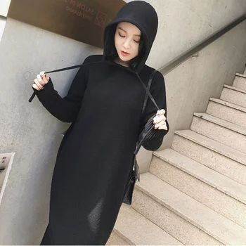 Kore Kapşonlu Yün Elbise Kadın Kış Sonbahar Şık Haki Şık Gevşek Örme Elbise Vestido Kadın Gevşek Tarzı Uzun Elbiseler Güz