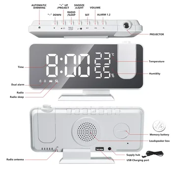 Dijital alarmlı saat Saat İzle Masa Elektronik Masaüstü Saatler USB Uyandırma FM Radyo Zaman Projektör Erteleme Fonksiyonu 2 Alarm 2#