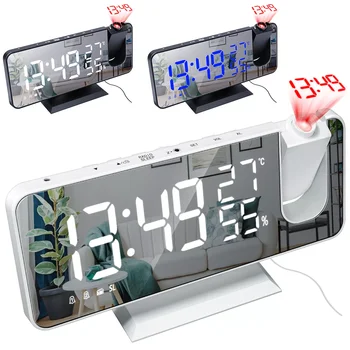 Dijital alarmlı saat Saat İzle Masa Elektronik Masaüstü Saatler USB Uyandırma FM Radyo Zaman Projektör Erteleme Fonksiyonu 2 Alarm 2# 1